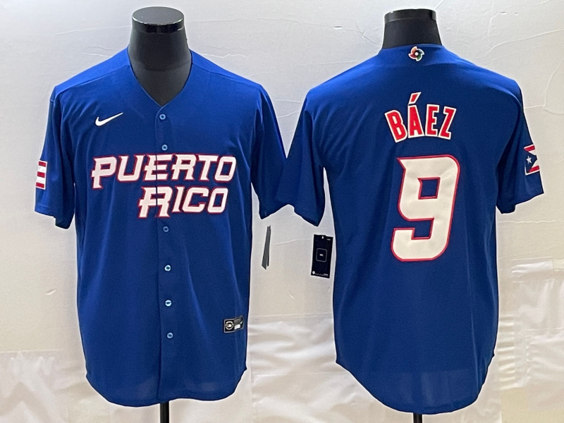 Men's 2023 World Baseball Classic Javier Baez Puerto Rico Blue Jersey baseball jersey product view 1