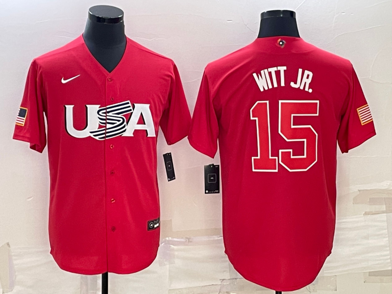 Men's 2023 World Baseball Classic Bobby Witt Jr. USA Red Jersey baseball jersey product view 1