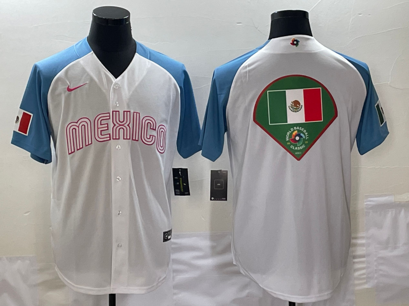 Men's 2023 World Baseball Classic Mexico White/Blue Player Jersey1 baseball jersey product view 1