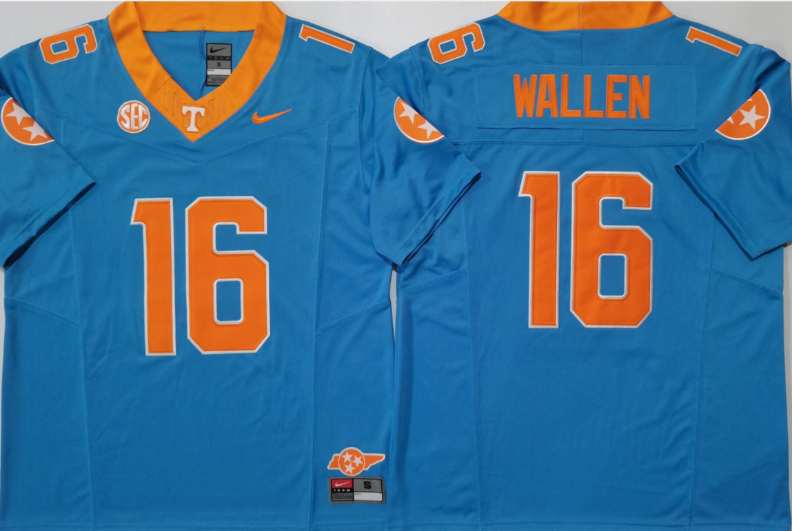 Men's Tennessee Volunteers Morgan Wallen Blue Game Jersey sports jersey product view 1