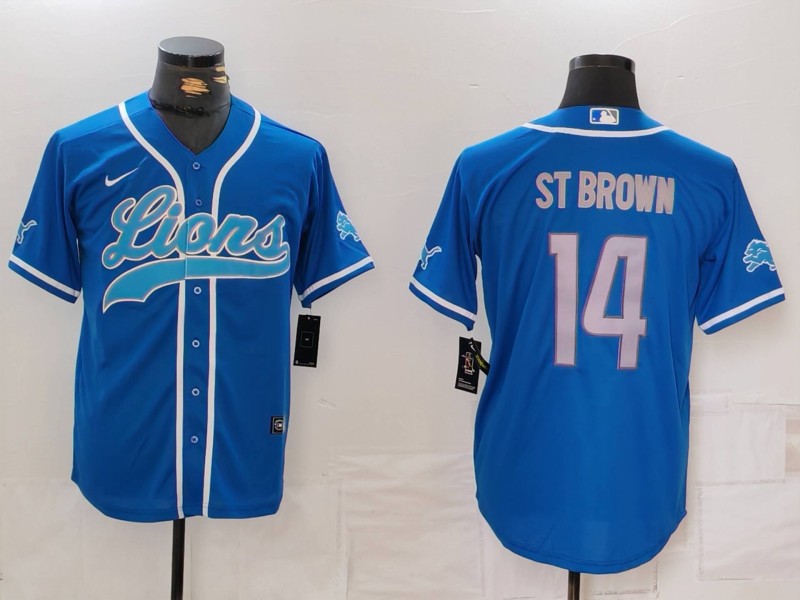 Men's Detroit Lions Amon-Ra St. Brown #14 Blue Player Jersey1 football jersey product view 1