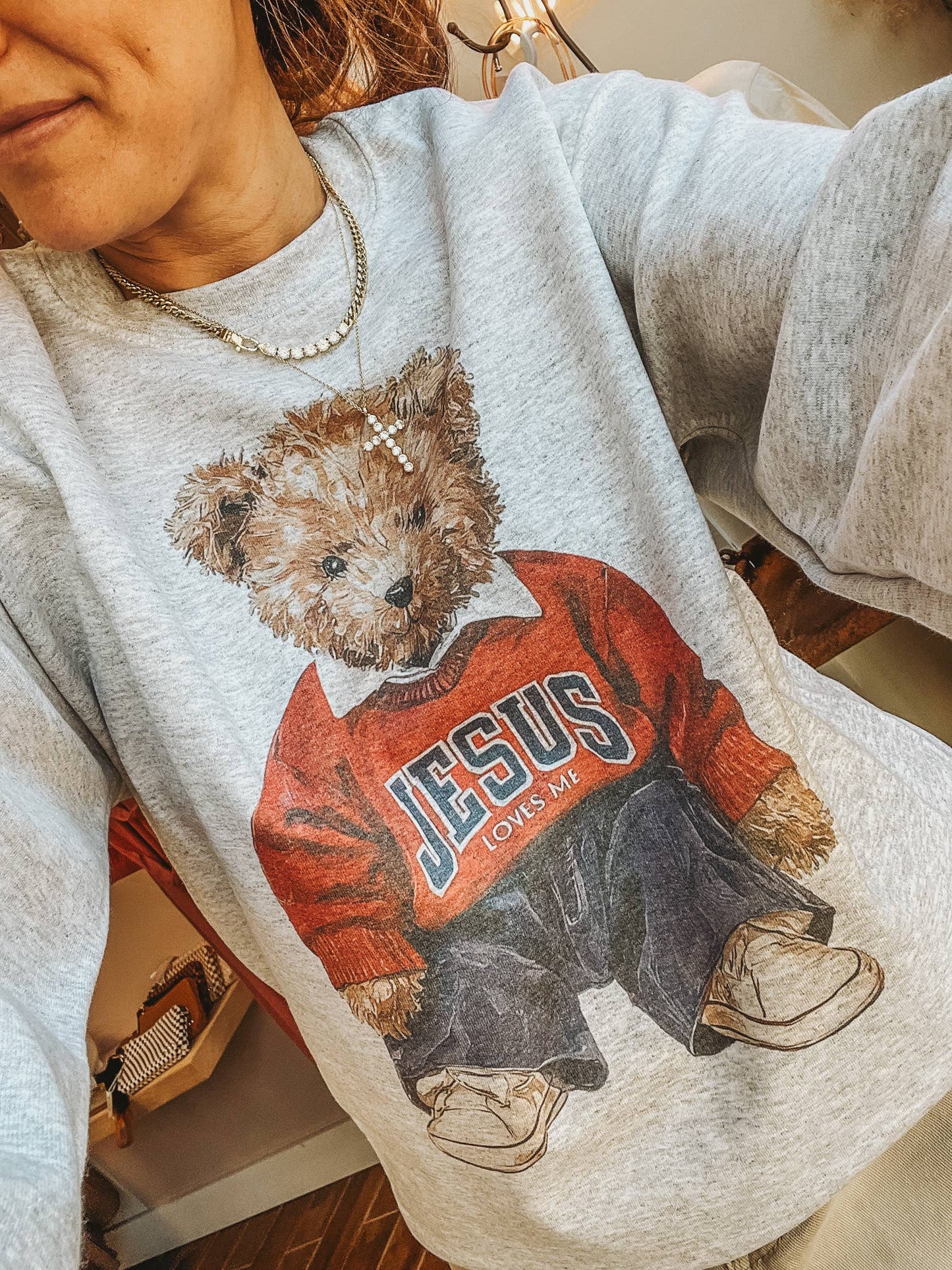 Jesus Loves Me Teddy Bear Religious Crew Neck Sweatshirt Unisex T-shirt, Sweatshirt, Hoodie, Long Sleeve Tee - T-Shirt, Sweatshirt, Hoodie