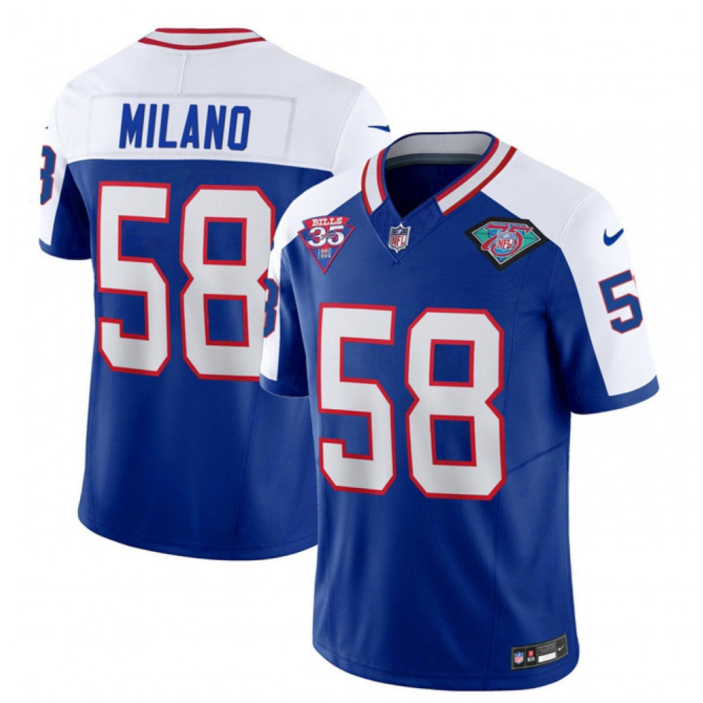 Men's Buffalo Bills #58 Matt Milano Blue/White 35th And 75th Patch 2023 F.U.S.E. Throwback Vapor Untouchable Limited Stitched Jersey football jersey product view 1