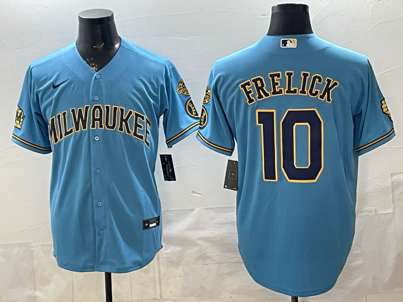 Men's Milwaukee Brewers Sal Frelick #10 Light Blue Road Replica Jersey baseball jersey product view 1