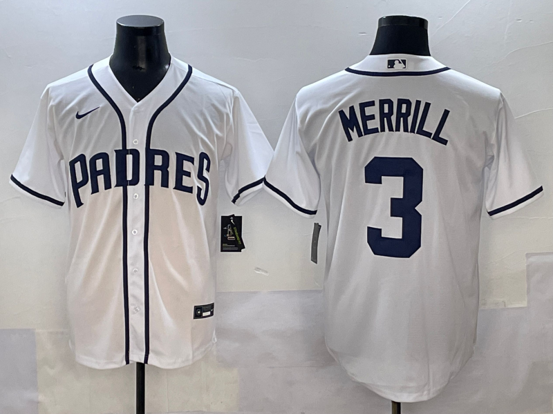 Men's San Diego Padres Jackson Merrill #3 White Player Game Jersey baseball jersey product view 1