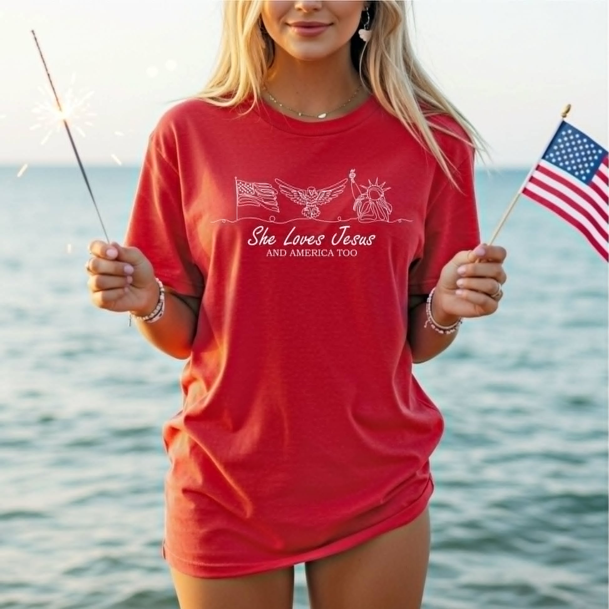 She Loves Jesus America Too Red Comfort Colors Graphic Tee Unisex T-shirt, Sweatshirt, Hoodie, Long Sleeve Tee - T-Shirt, Sweatshirt, Hoodie