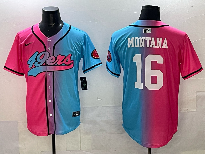 Men's San Francisco 49ers Joe Montana #16 Pink/Blue Game Jersey football jersey product view 1