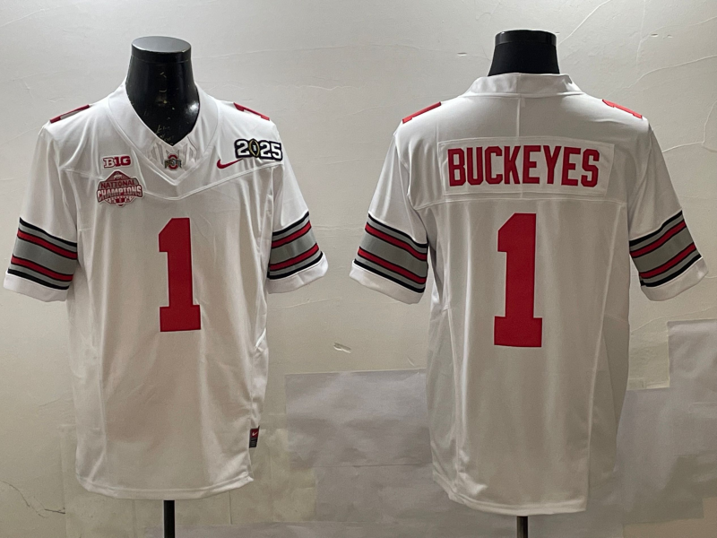 Men's Ohio State Buckeyes Quinshon Judkins White 2025 CFP Final National Champions Patch F.U.S.E. Jersey sports jersey product view 1
