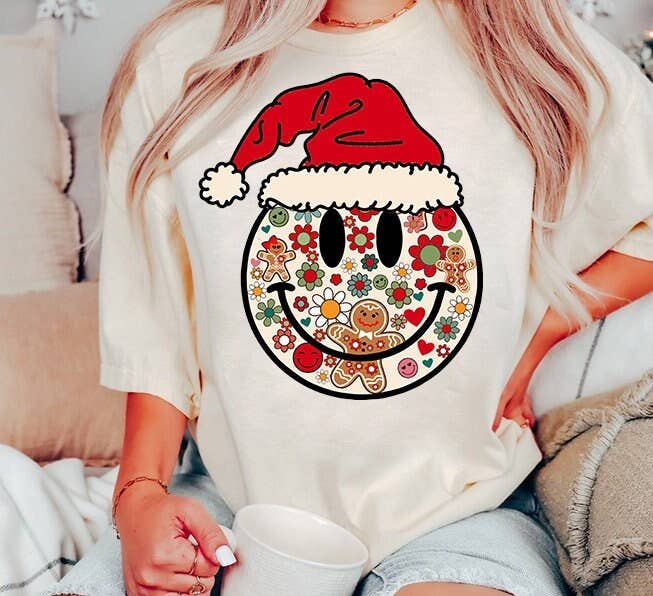 Retro Christmas Smiley Face Gingerbread Daisy Shirt Unisex T-shirt, Sweatshirt, Hoodie, Long Sleeve Tee - T-Shirt, Sweatshirt, Hoodie