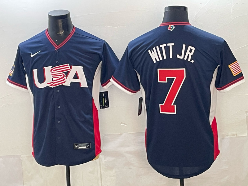 Men's USA Baseball Bobby Witt Jr. #7 Navy 2026 World Baseball Classic Stadium Jersey baseball jersey product view 1