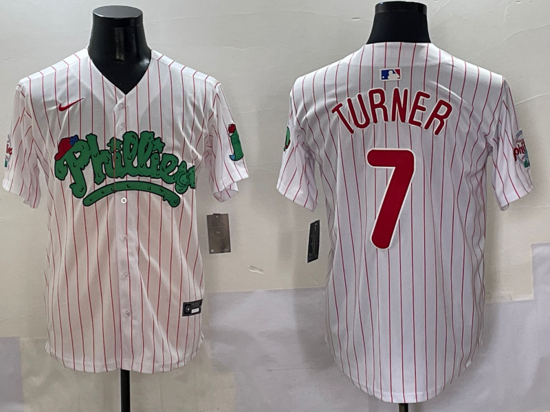 Men's Philadelphia Phillies Trea Turner #7 White Player Jersey1 baseball jersey product view 1