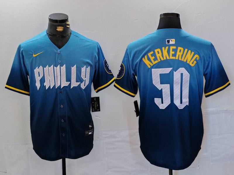 Men's Philadelphia Phillies Orion Kerkering Blue 2024 City Connect Limited Player Jersey baseball jersey product view 1