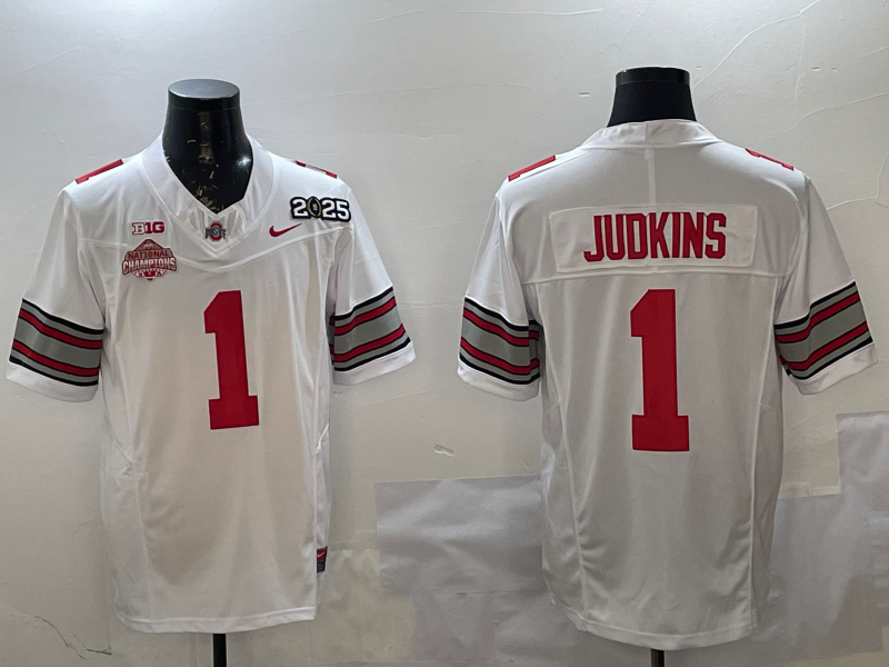 Men's Ohio State Buckeyes Quinshon Judkins #1 White 2025 CFP Final National Champions Patch F.U.S.E. Jersey sports jersey product view 1