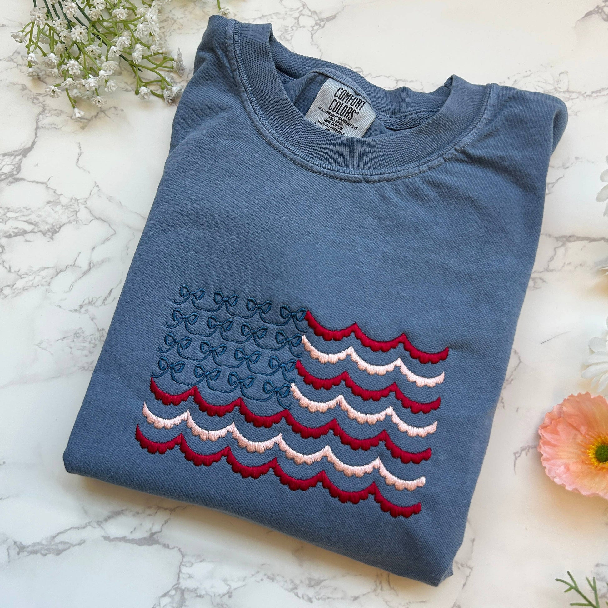 Embroidered Coquette Bow 4th of July American Flag Tshirt Unisex T-shirt, Sweatshirt, Hoodie, Long Sleeve Tee - T-Shirt, Sweatshirt, Hoodie