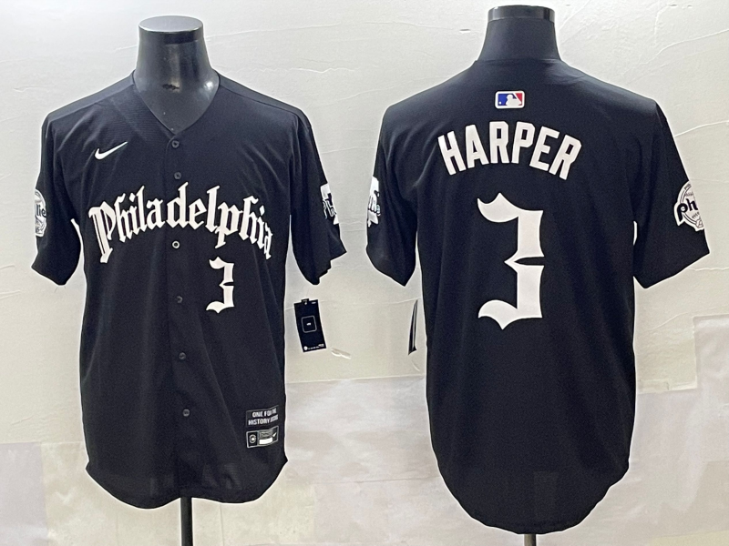 Men's Philadelphia Phillies Bryce Harper #3 Black Replica Player Jersey baseball jersey product view 1