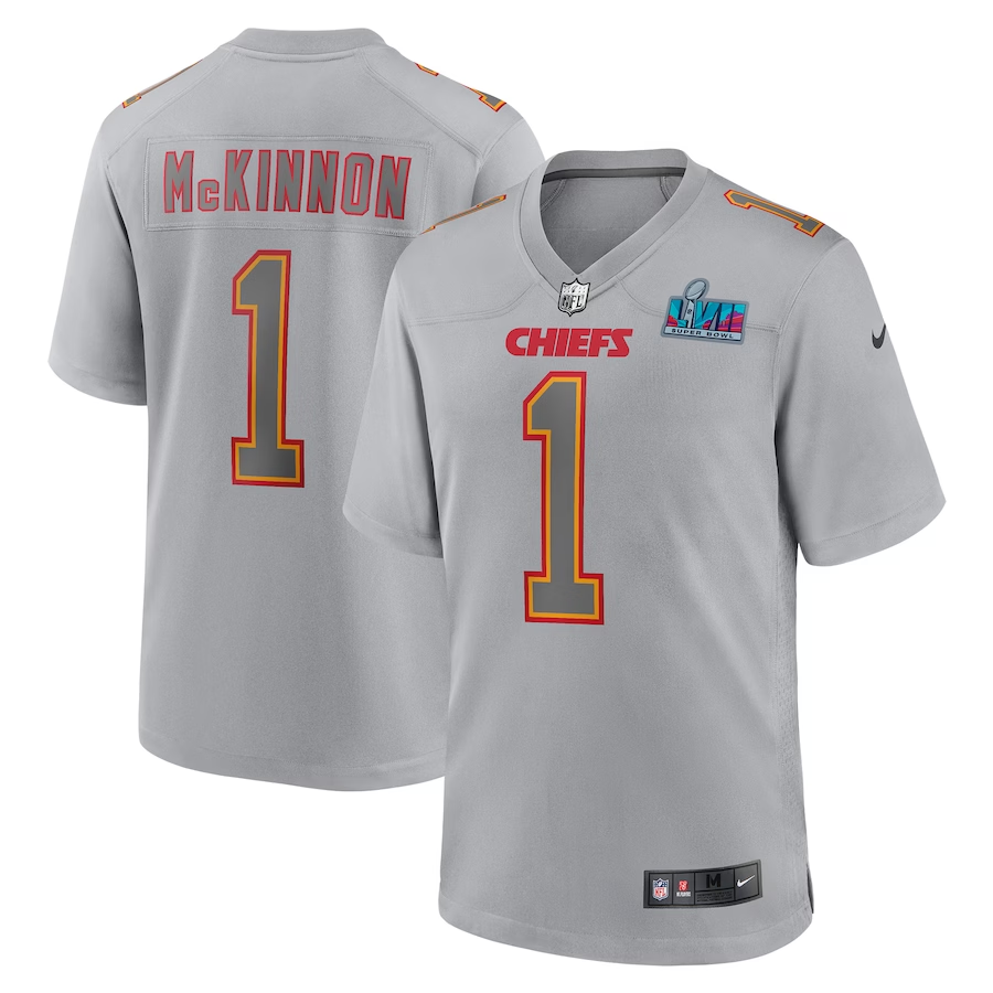 Men's Kansas City Chiefs Jerick McKinnon #1 Gray Super Bowl LVII Patch Atmosphere Fashion Game Jersey1 football jersey product view 1