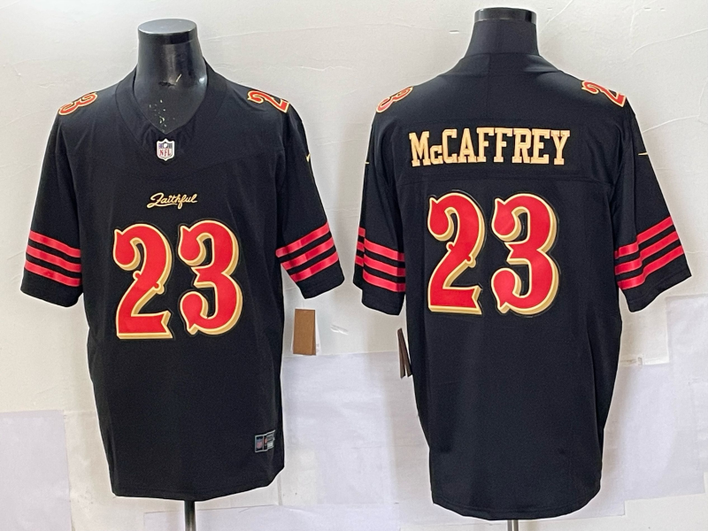 Men's San Francisco 49ers Christian McCaffrey Black 2025 Rivalries Collection Game Jersey football jersey product view 1