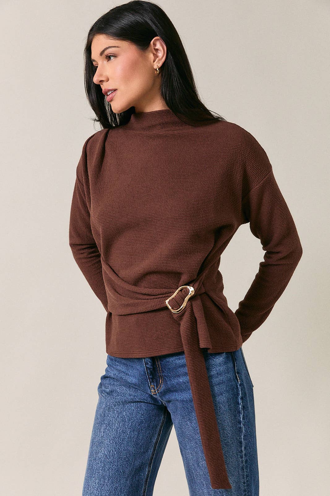 Mock Neck Long Sleeve Belted Detail Top Unisex T-shirt, Sweatshirt, Hoodie, Long Sleeve Tee - T-Shirt, Sweatshirt, Hoodie