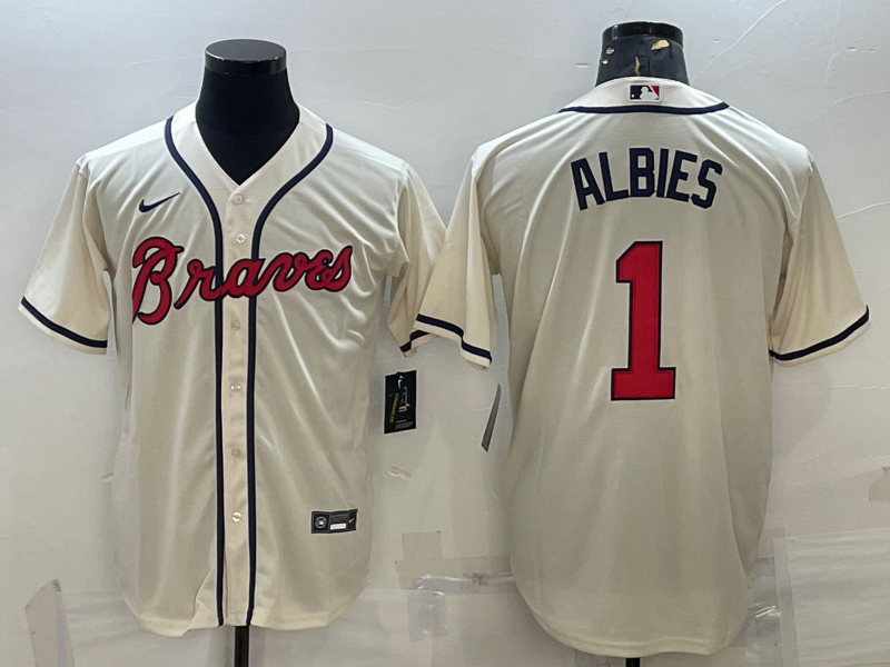 Men's Atlanta Braves Ozzie Albies Beige Replica Player Jersey baseball jersey product view 1