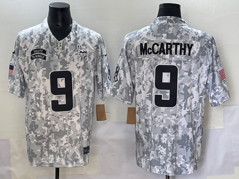 Men's Minnesota Vikings J.J. McCarthy #9 Arctic Camo 2024 Salute to Service Retired Player Limited Jersey football jersey product view 1