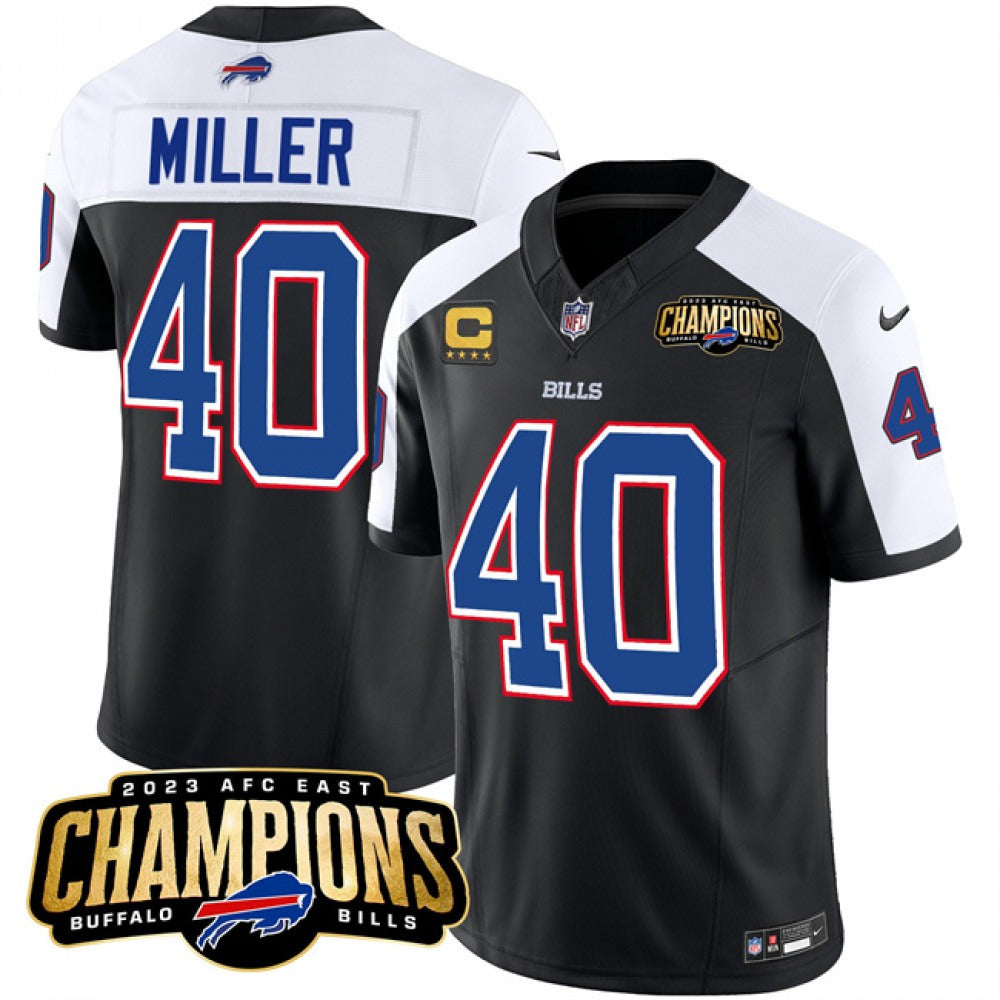 Men's Buffalo Bills #40 Von Miller Black/White 2023 F.U.S.E. AFC East Champions With 4-star C Ptach Stitched Football Jersey football jersey product view 1