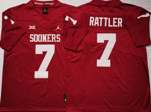 Men's Oklahoma Sooners Spencer Rattler Crimson Player Game Jersey sports jersey product view 1