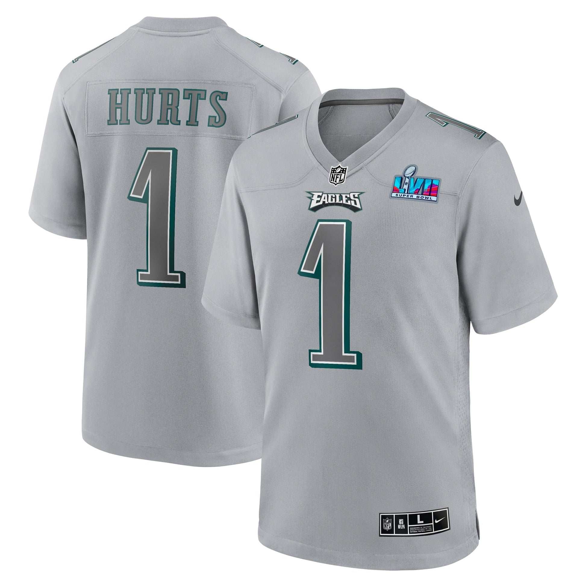 Jalen Hurts Philadelphia Eagles Super Bowl LVII Patch Atmosphere Fashion Game Jersey - Gray football jersey product view 1