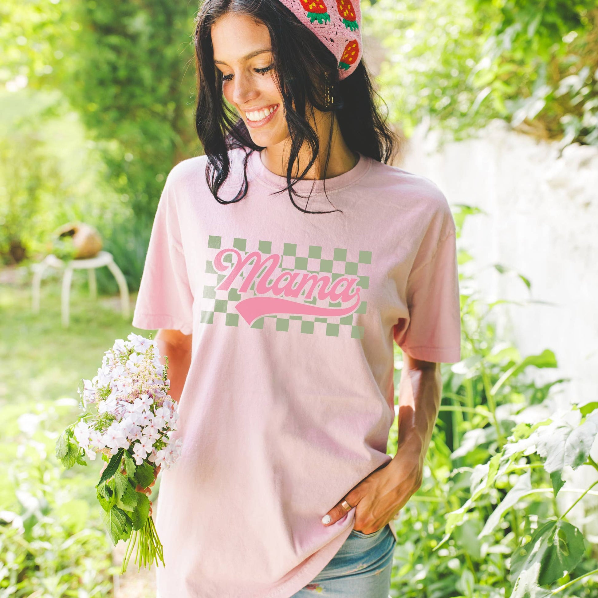 Checkered Mama Pink and Green Retro Comfort Colors Tee Unisex T-shirt, Sweatshirt, Hoodie, Long Sleeve Tee - T-Shirt, Sweatshirt, Hoodie