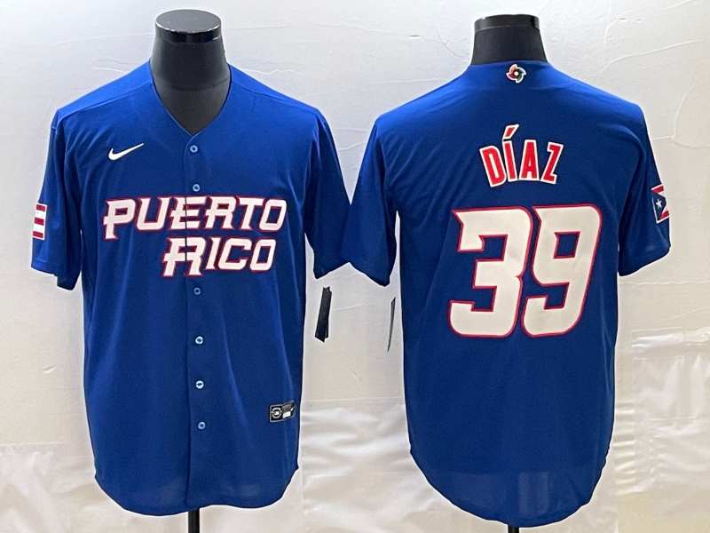 Men's 2023 World Baseball Classic Edwin Diaz Puerto Rico Blue Jersey baseball jersey product view 1