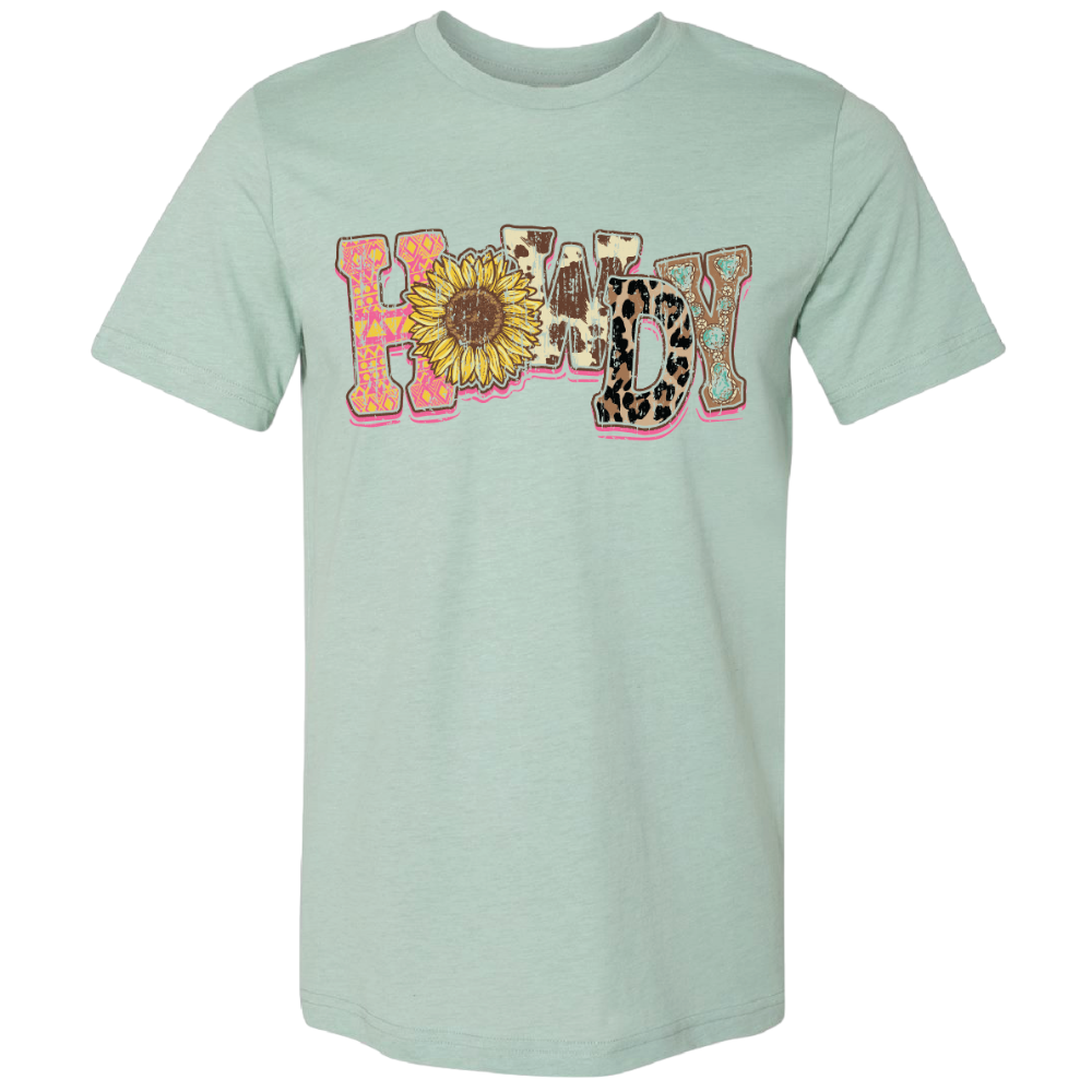 Lulu Mac-130 Howdy Sunflower Heather Prism Dusty Blue Unisex T-shirt, Sweatshirt, Hoodie, Long Sleeve Tee - T-Shirt, Sweatshirt, Hoodie