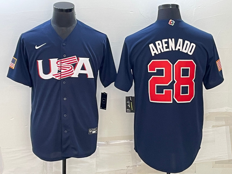 Men's 2023 World Baseball Classic Nolan Arenado USA Navy Jersey baseball jersey product view 1