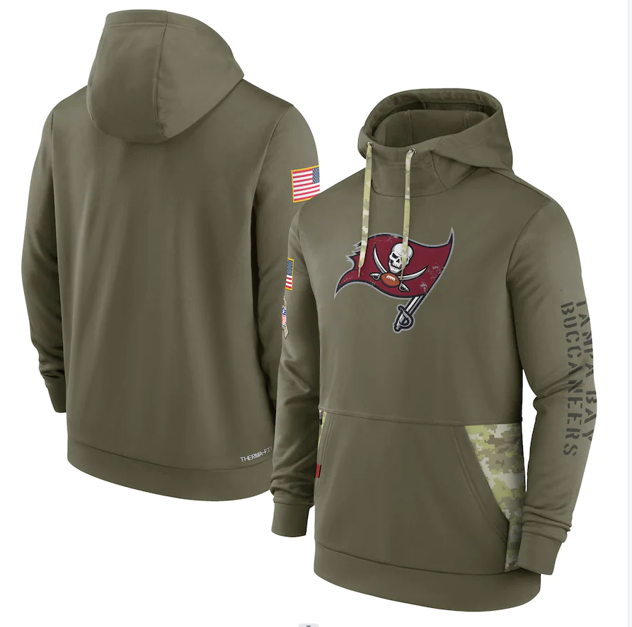 Men's Tampa Bay Buccaneers Olive 2022 Salute to Service Therma Performance Pullover Hoodie football jersey product view 1