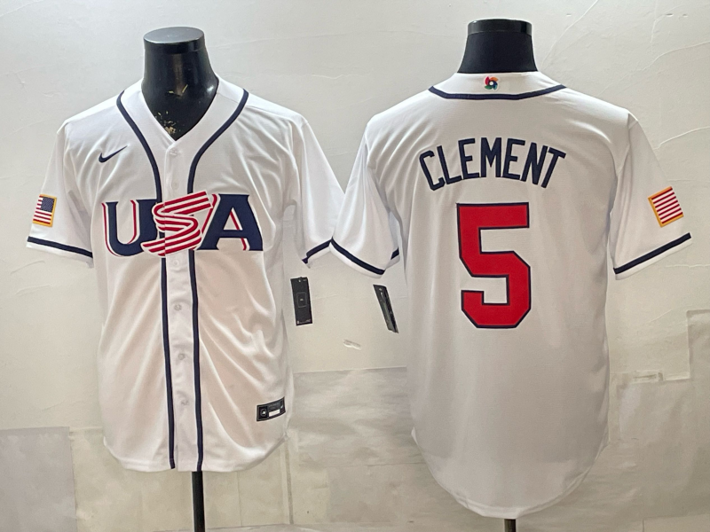 Men's USA Baseball Ernie Clement #5 White 2026 World Baseball Classic Stadium Jersey baseball jersey product view 1