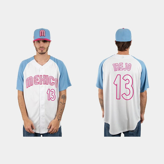 #13 ALAN TREJO MEXICO BASEBALL 2023 WORLD BASEBALL CLASSIC JERSEY ¨C WHITE BLUE Stitches Baseball Jerseys baseball jersey product view 1