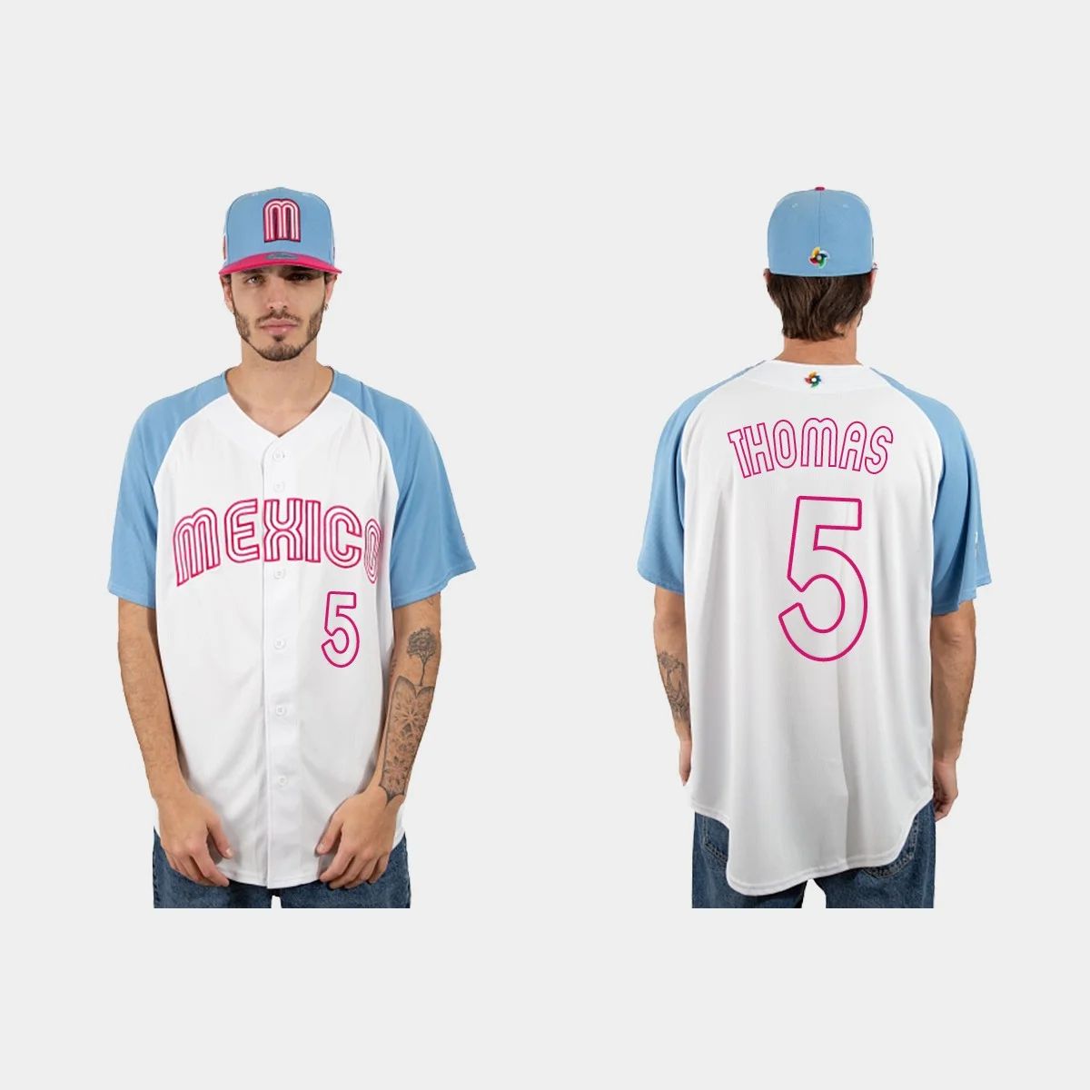 #5 ALEK THOMAS MEXICO BASEBALL 2023 WORLD BASEBALL CLASSIC JERSEY ¨C WHITE BLUE Stitches Baseball Jerseys baseball jersey product view 1