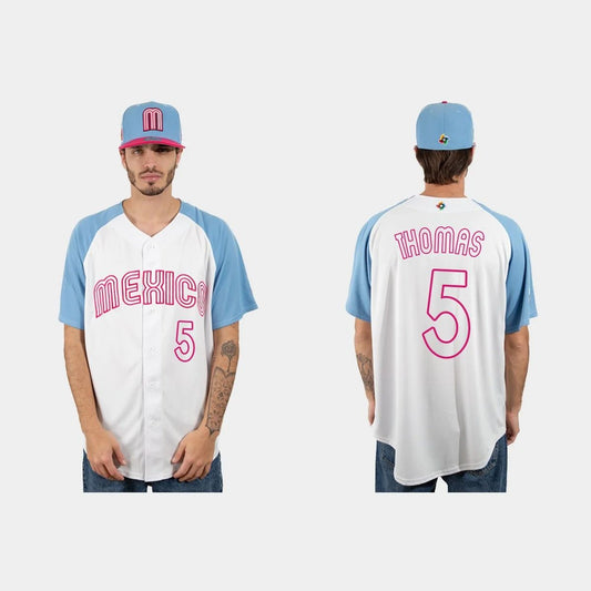 #5 ALEK THOMAS MEXICO BASEBALL 2023 WORLD BASEBALL CLASSIC JERSEY ¨C WHITE BLUE Stitches Baseball Jerseys baseball jersey product view 1