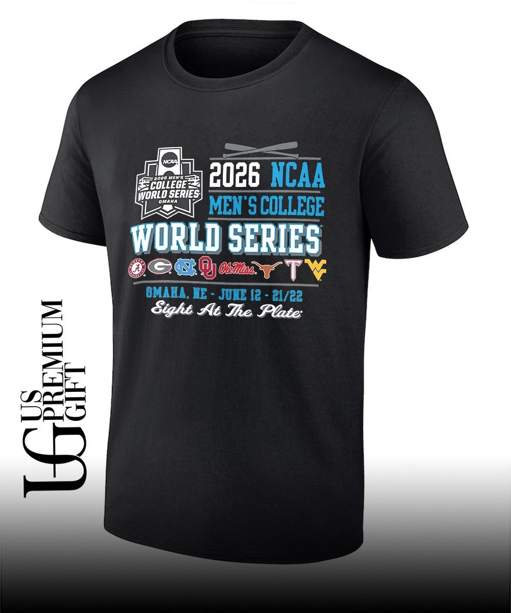 Alabama Georgia North Carolina Oklahoma Ole Miss Texas Tech West Virginia 2026 NCAA Mens College World Series Eight at the Plate shirt - T-Shirt, Sweatshirt, Hoodie