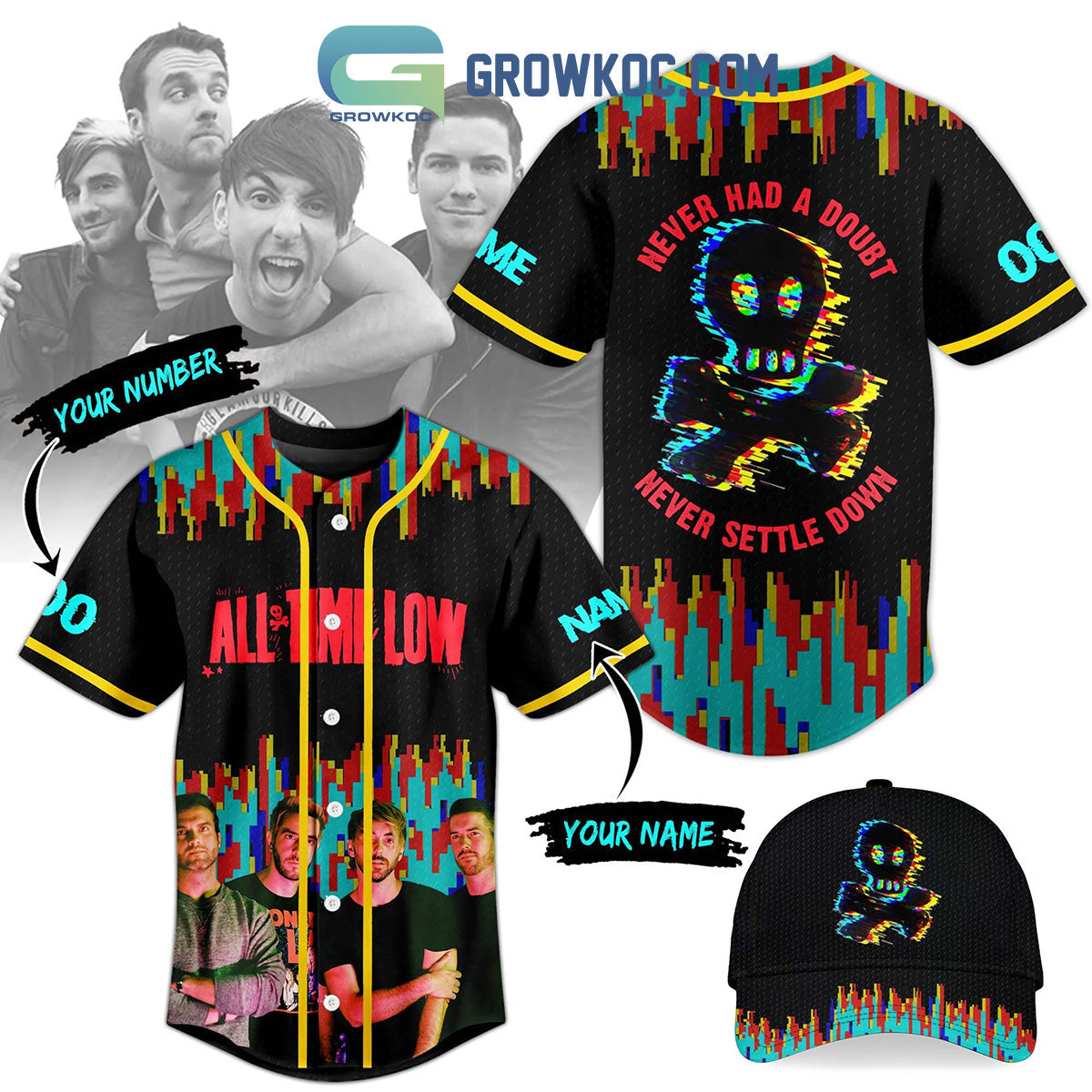 All Time Low Never Had A Doubt Never Settle Down Personalized Baseball Jersey Unisex T-shirt, Sweatshirt, Hoodie, Long Sleeve Tee - T-Shirt, Sweatshirt, Hoodie