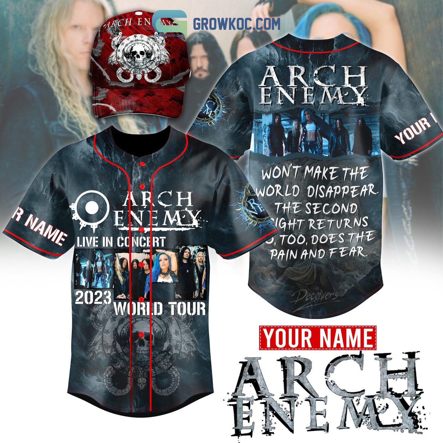Arch Enemy Live In Concert World Tour 2023 Personalized Baseball Jersey Unisex T-shirt, Sweatshirt, Hoodie, Long Sleeve Tee - T-Shirt, Sweatshirt, Hoodie
