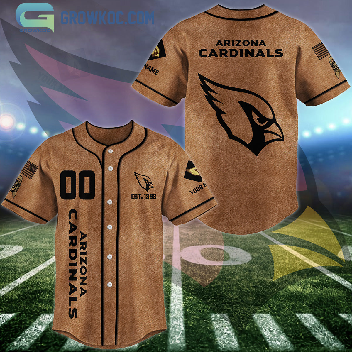 Arizona Cardinals Brown American Flag Personalized Baseball Jersey Unisex T-shirt, Sweatshirt, Hoodie, Long Sleeve Tee - T-Shirt, Sweatshirt, Hoodie