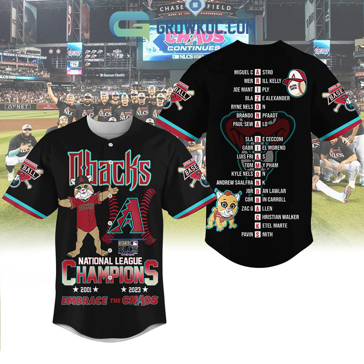 Arizona Dbacks NL Champions 2023 Embrace The Chaos Baseball Jersey Unisex T-shirt, Sweatshirt, Hoodie, Long Sleeve Tee - T-Shirt, Sweatshirt, Hoodie
