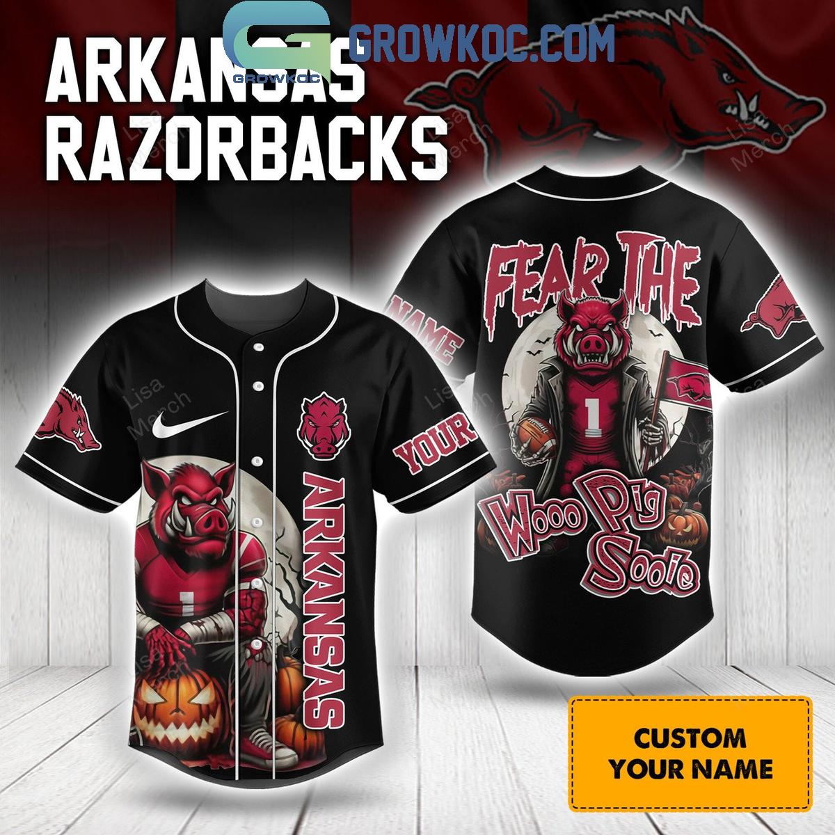Arkansas Razorbacks Fear The Woo Pig Sooie Halloween Personalized Baseball Jersey Unisex T-shirt, Sweatshirt, Hoodie, Long Sleeve Tee - T-Shirt, Sweatshirt, Hoodie