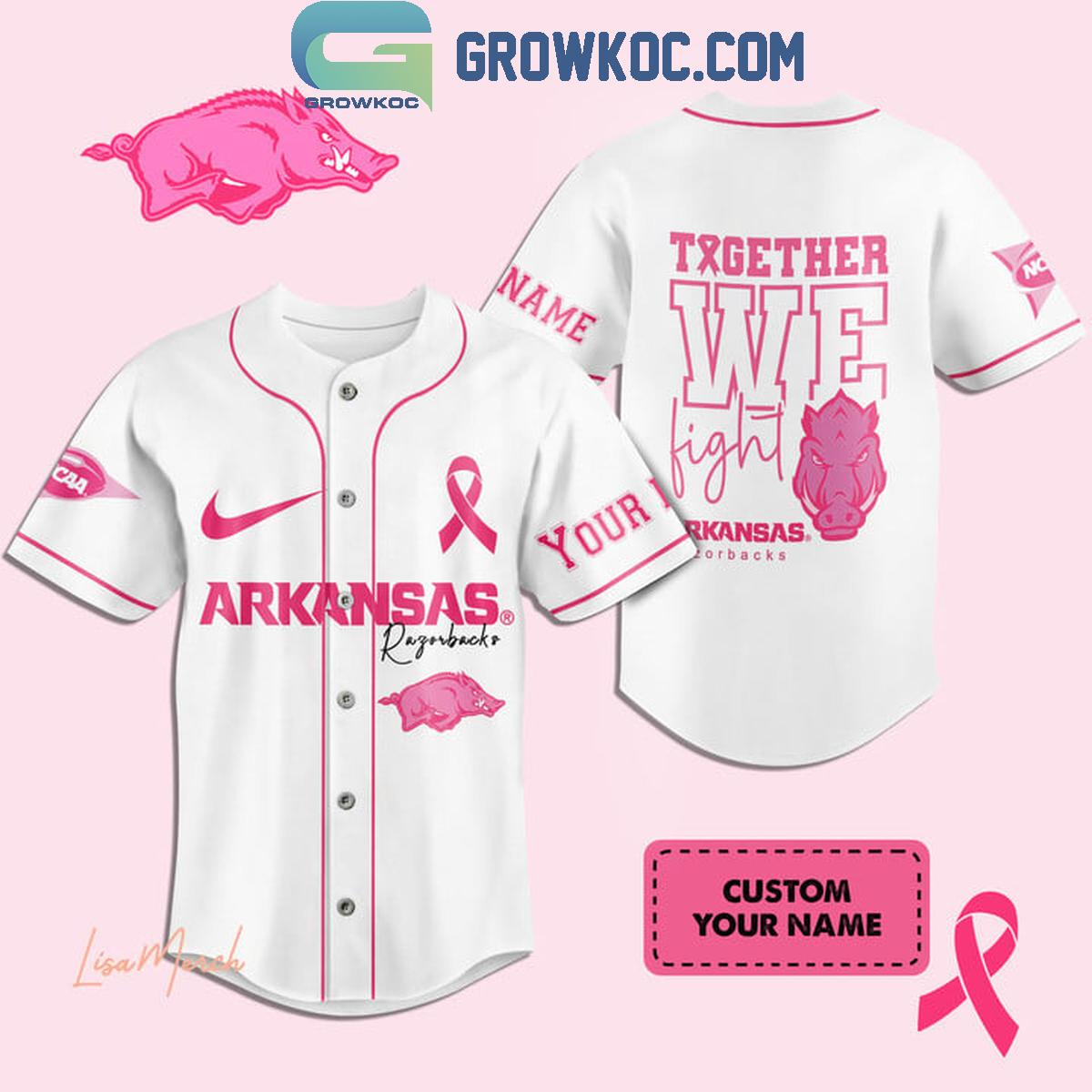 Arkansas Razorbacks Together We Fight Breast Cancer Personalized Baseball Jersey Unisex T-shirt, Sweatshirt, Hoodie, Long Sleeve Tee - T-Shirt, Sweatshirt, Hoodie