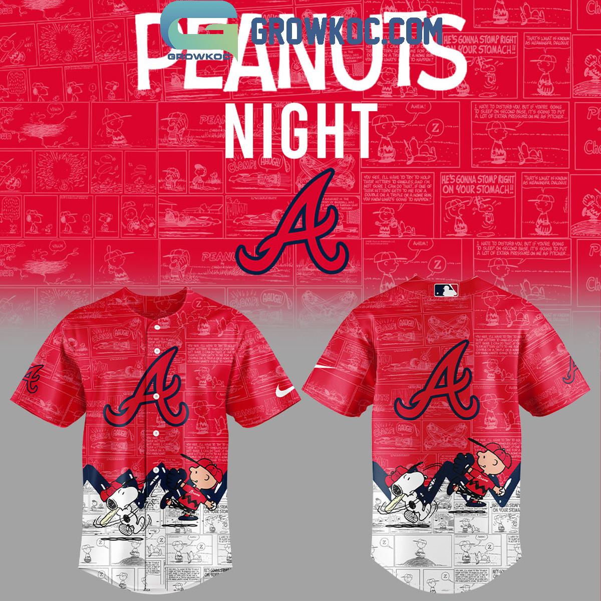 Atlanta Braves 75th Anniversary Peanuts Baseball Jersey Unisex T-shirt, Sweatshirt, Hoodie, Long Sleeve Tee - T-Shirt, Sweatshirt, Hoodie