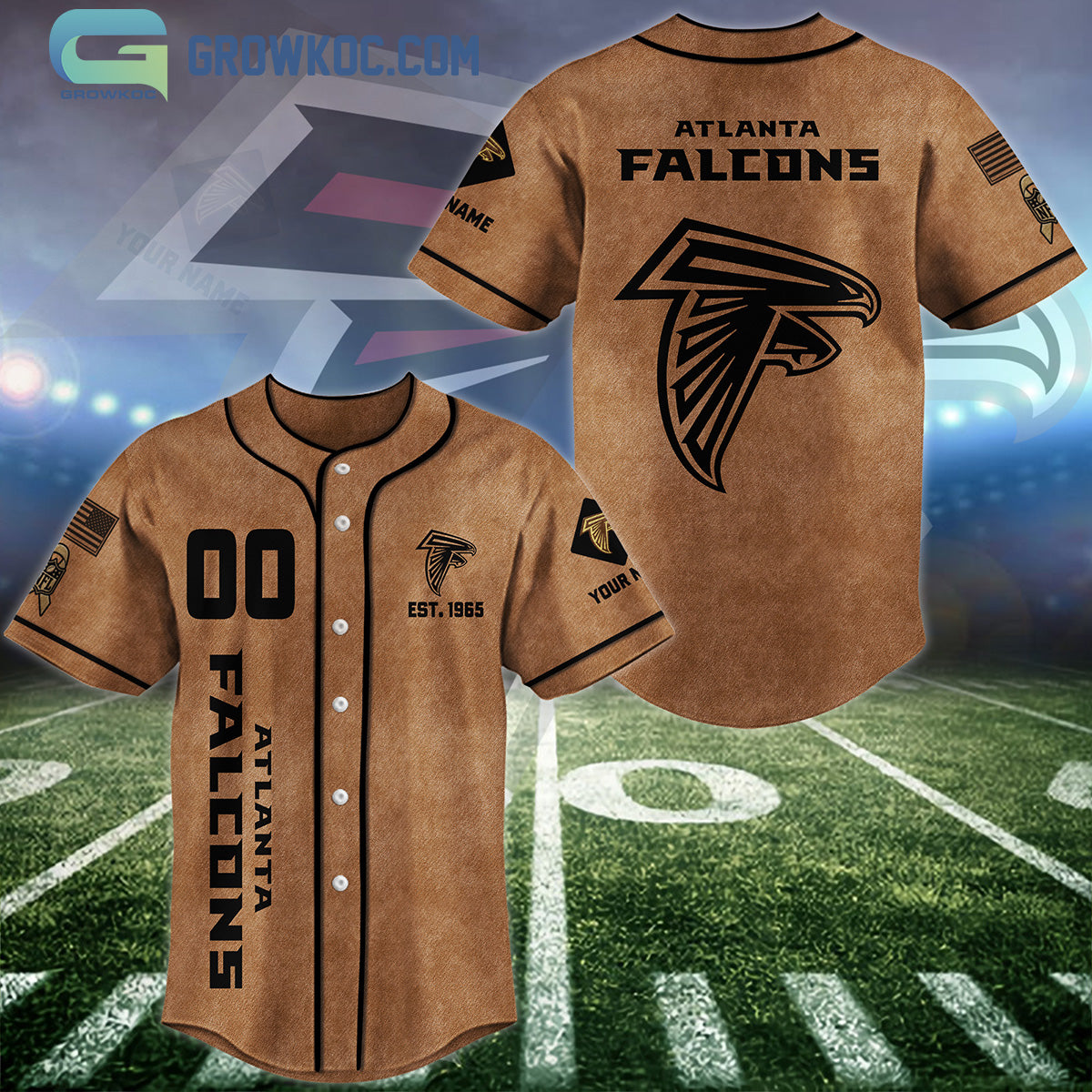 Atlanta Falcons Brown American Flag Personalized Baseball Jersey Unisex T-shirt, Sweatshirt, Hoodie, Long Sleeve Tee - T-Shirt, Sweatshirt, Hoodie