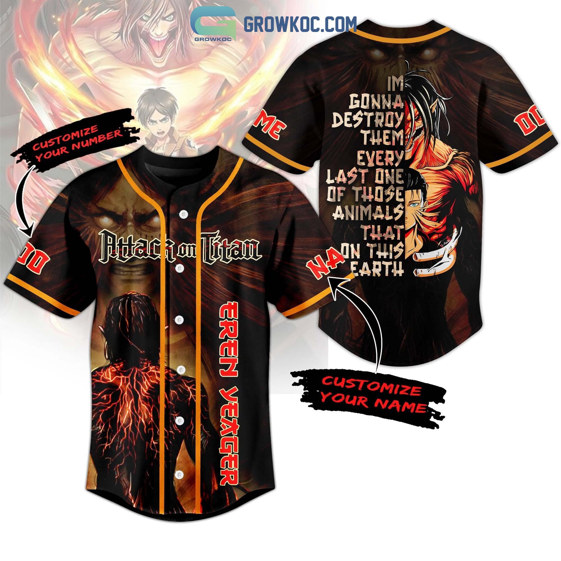 Attack On Titan Eren Yeager Personalized Baseball Jersey Unisex T-shirt, Sweatshirt, Hoodie, Long Sleeve Tee - T-Shirt, Sweatshirt, Hoodie