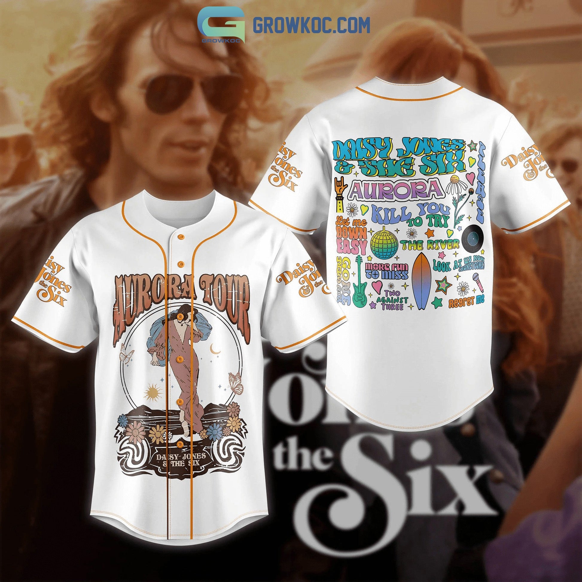 Aurora Tour Daisy Jones And The Six White Design Baseball Jersey Unisex T-shirt, Sweatshirt, Hoodie, Long Sleeve Tee - T-Shirt, Sweatshirt, Hoodie