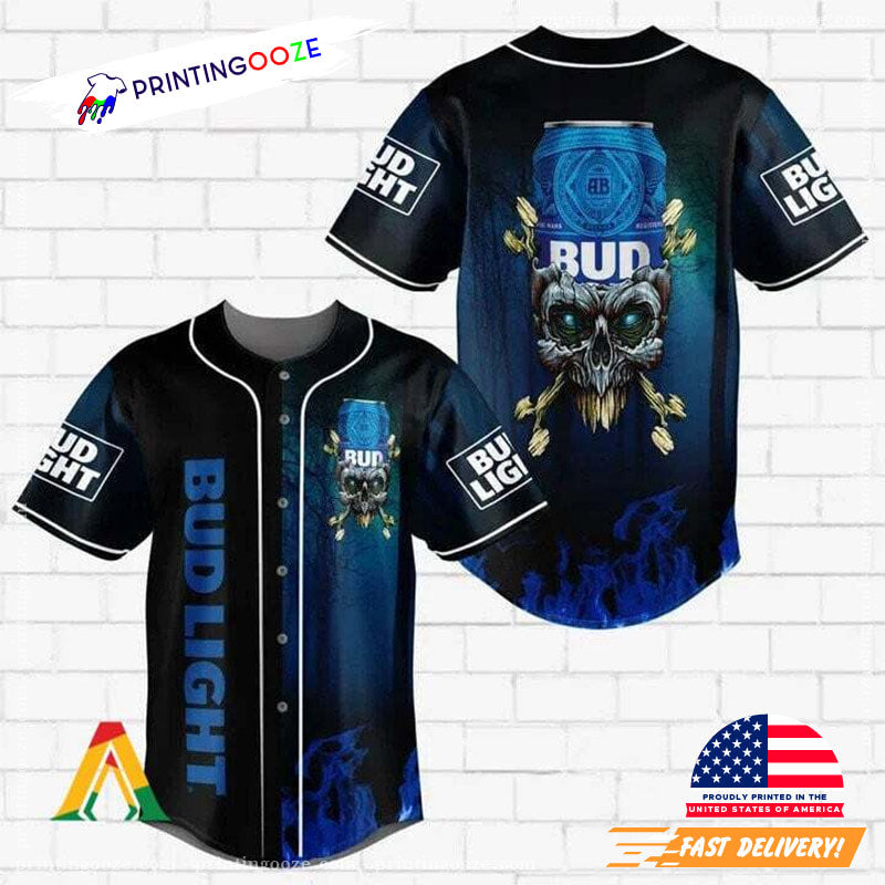 Bud Skull On Fire Bud Light Baseball Jersey Unisex T-shirt, Sweatshirt, Hoodie, Long Sleeve Tee - T-Shirt, Sweatshirt, Hoodie