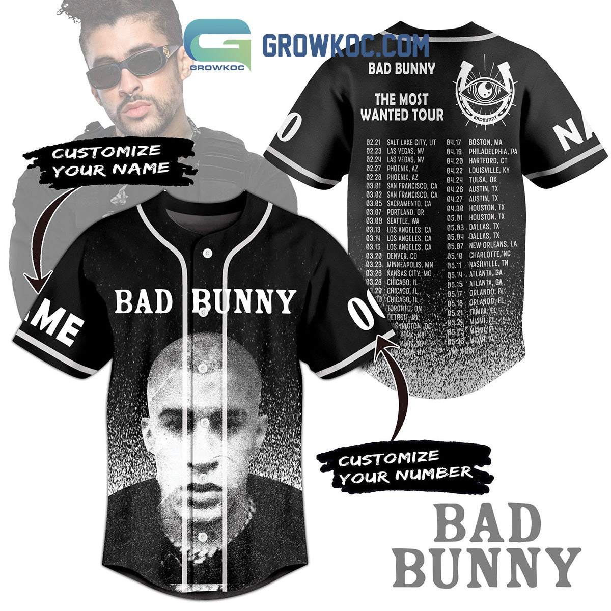 Bad Bunny The Most Wanted Tour Personalized Baseball Jersey Unisex T-shirt, Sweatshirt, Hoodie, Long Sleeve Tee - T-Shirt, Sweatshirt, Hoodie