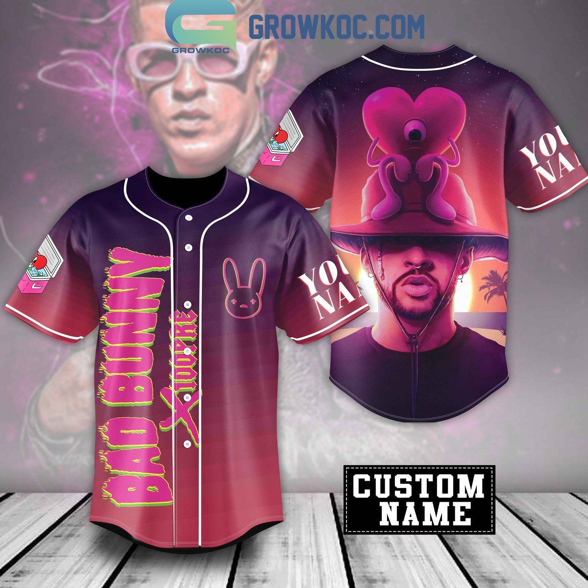 Bad Bunny The Sunset Purple Fan Personalized Baseball Jersey Unisex T-shirt, Sweatshirt, Hoodie, Long Sleeve Tee - T-Shirt, Sweatshirt, Hoodie